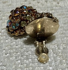 Vintage Clip Earrings Signed Pat Pend Dome Cluster Prong Set Topaz AB Rhinestone