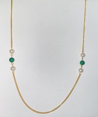 Vintage Faux White Pearl & Faux Green Jade Beads on Gold Tone Chain Necklace