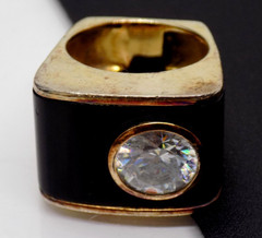 Ross Simons 925 Sterling Silver Gold Plate Black Enamel Crystal Ring sz6.5 BOLD