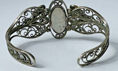 Vintage Painted Floral Motif Enamel Cuff Bracelet W/ Ornate Filigree