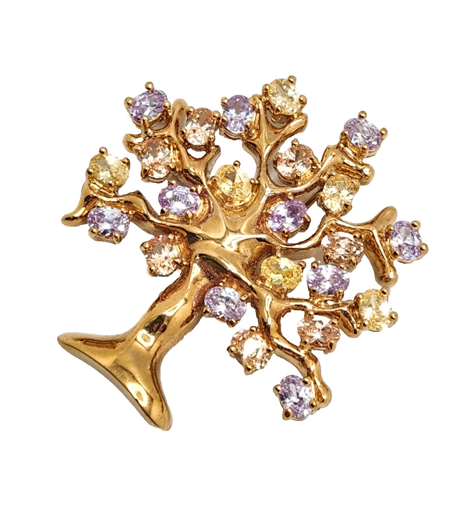 Francesca Visconti Gold Tone Tree of Life Lavender & Yellow Rhinestone Brooch