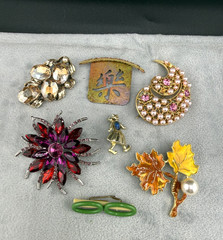 Vintage Brooch Lot Maple Leaf Dancer Figure Enamel Rhinestone Faux Pearl READ