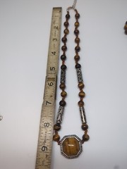 Tigers Eye Pendant Necklace 18″ Silver Tone Octagon Brown Gemston & Bracelet Set