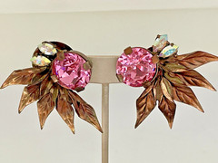 MCM Oversized Statement Artisan Clip Earrings Pink Rhinestones Copper Accents