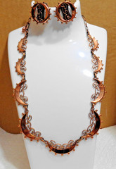 Vintage Solid Copper Renoir Crescent Moon Necklace & Clip On Earrings 44.4 gm