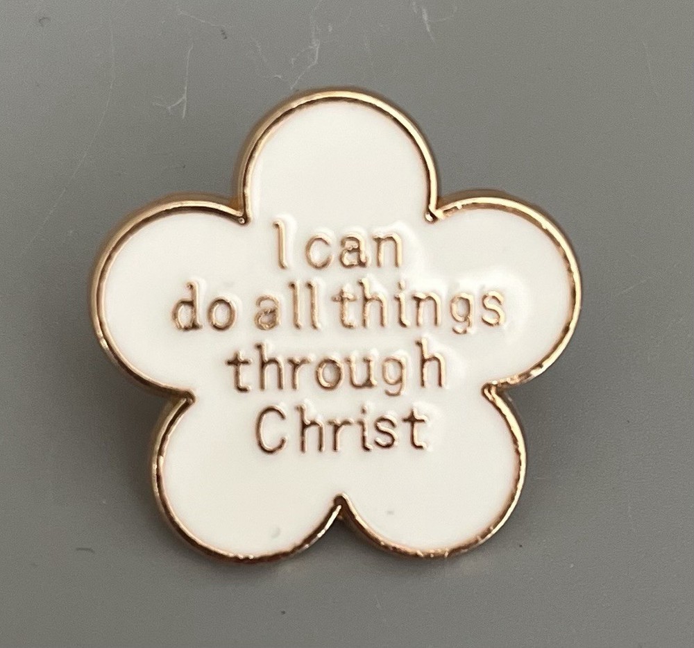 Flower-Enamel-Metal “I CAN DO ALL THINGS THRU CHRIST” Pin Back Tie Tack Brooch
