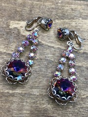 Vtg 1960s Watermelon Glass Rivoli & AB Rhinestone Clip On Dangle Earrings 2”