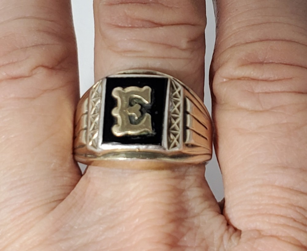 Antique Edwardian Sterling Silver & 10K *E* Initial Signet Ring Lot Sz~ 11.75