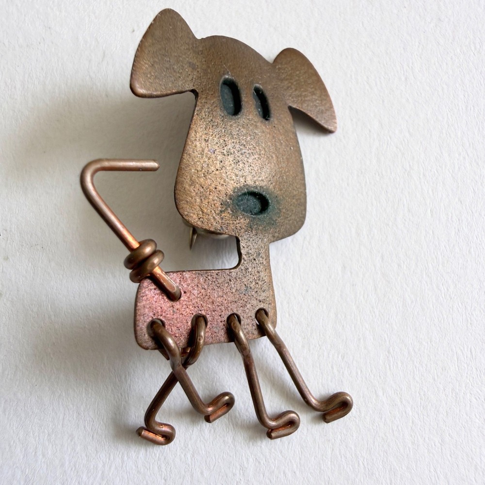 Studio Copper Dog Brooch Articulated American Craft Movement Signed Pin