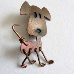 Studio Copper Dog Brooch Articulated American Craft Movement Signed Pin