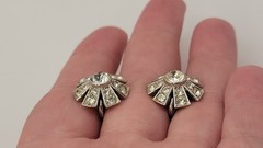 Vtg Fan/Bow Brooch & ALBION Signed Screwback Earrings Mid-century Rhinestones