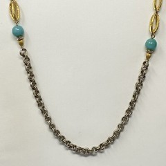 VTG Chain Necklace Aqua Glass Beads Brushed Two Tone Gold Silver Flower Clasp 28