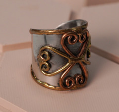 Brutalist Mixed Metal Ring Size 7 — Christian Copper and Brass Scrollwork Cross