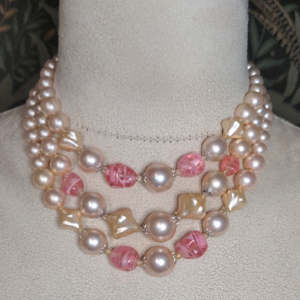 Vintage 60s Pink & Pearl 3 Strand Necklace Collar Length Formal Japan Stamped