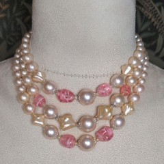 Vintage 60s Pink & Pearl 3 Strand Necklace Collar Length Formal Japan Stamped