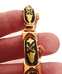 Vintage Spanish Style Damascene Black & Gold Tone Link Bracelet w/ Safety Chain