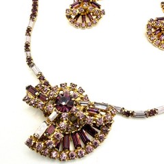 Vintage 50s Purple Amethyst Rhinestone Baguette Statement Necklace Earring Set