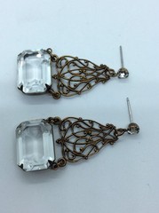 Victorian Drop Dangle Earrings Brass Rhinestone Unsigned Sadie Green?