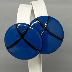Retro Stud Button Earrings Royal Blue Black Enamel 1980s Pierced Round Vintage