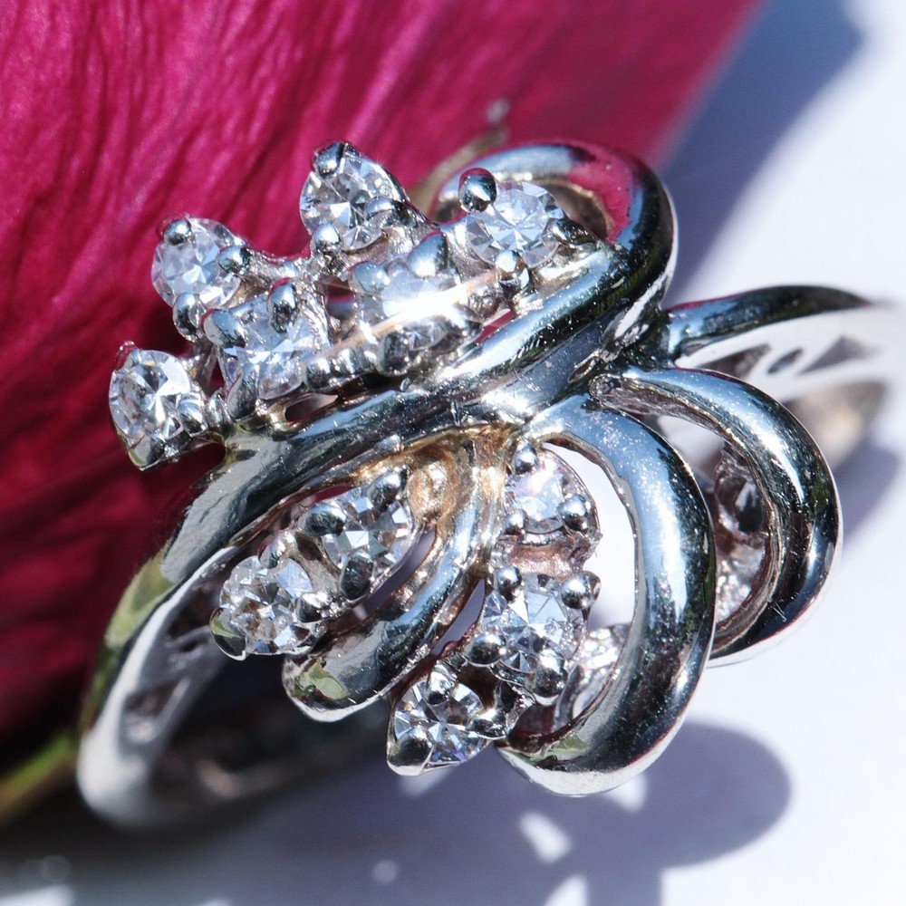 14k white gold swirl ring 0.25ct natural diamond size 4 vintage 3gr Radiant