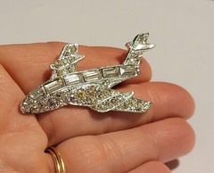 Vintage Airplane Jet Rhinestone Bling Brooch Pin Jewelry Costume Silver