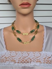 Vintage Asian Export Green Faux Jade Lucite Long Necklace Geometric Links 36.5″