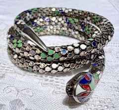 Antique German Art Deco Colorful Enamel SNAKE 935 Silver Wrap Bracelet