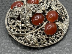 Vintage Art Deco Ornate Filigree Brooch Faux Carnelian Cabochon Silver Tone