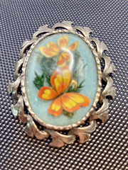 Vintage Style Oval Silver Cabochon Butterfly Brooch/Pendant 2.25″ Long