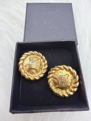 Vintage CELINE Gold Tone Triomphe Clip-On Earrings 0.9 Inch Signed 92 Italy Auth