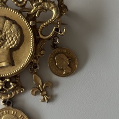 Vintage Gold Tone Regina II Faux Coins Brooch Pin 2.5 Inches