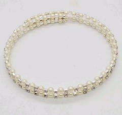 Faux Pearl Choker Necklace Silver tone wrap Bead Accent Statement Couture 15 in