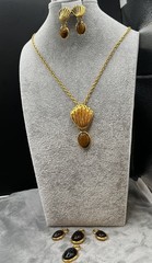 Egyptian style Carved scarab & Gold Tone Shell Interchangeable Necklace Set 12pc