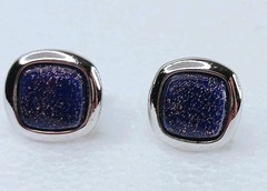 SHIELDS Cufflinks Tie Clasp Set Vintage Copper Sparkle Blue Glass Faux Lapis