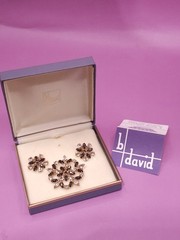 Vtg Signed b david Dark Amber & Clear Rhinestone Brooch Clip Earring Set In Box
