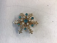 Vintage Faux Pearl and Aque Rhinestone Pin and Earrings