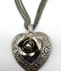 Vintage Heart Necklace Rose Faux Pearl Scrollwork Silver Tone Triple Chain
