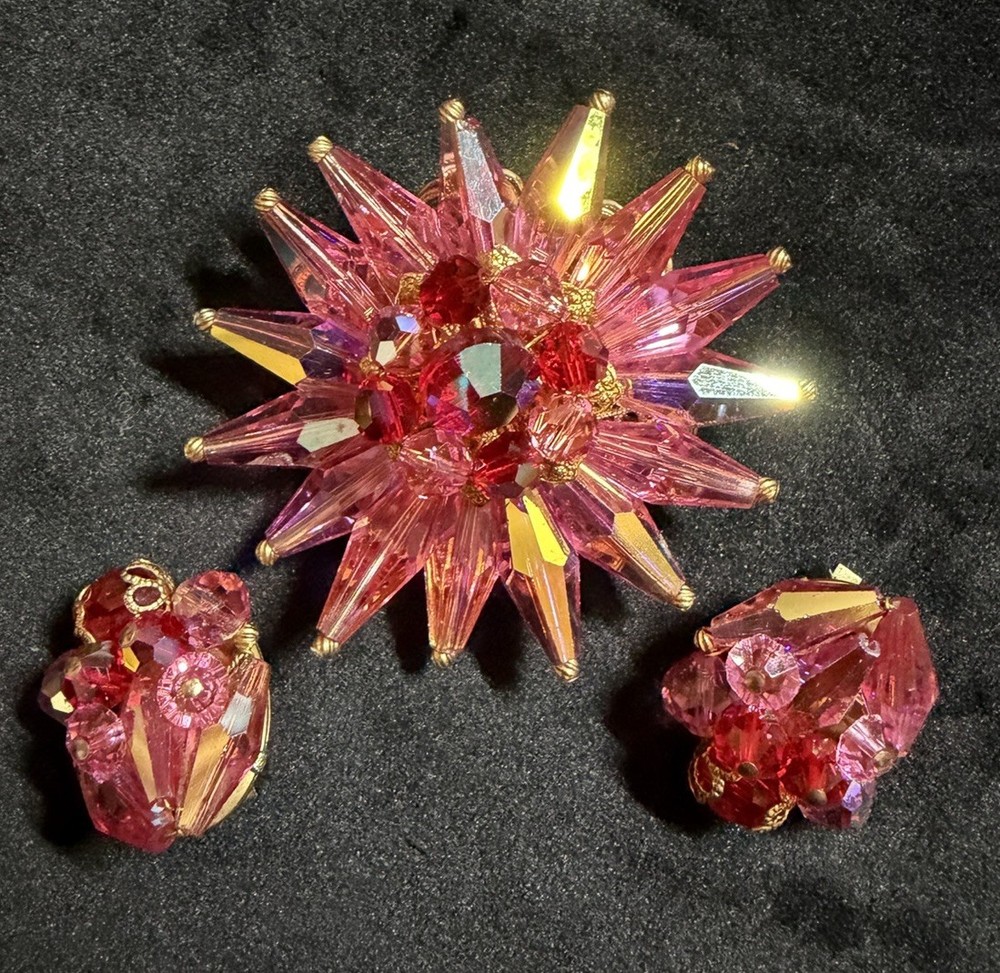 Vintage Pink Aurora Borealis Starburst Brooch Pin Faceted Beads + Clip Earrings