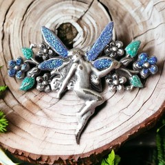 Fairy Core Brooch Silver Tone Blue Flowers Pixie Pin Vintage