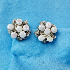 Alice Caviness VTG Clip On Earrings Faux Pearl Rhinestone Cluster Signed