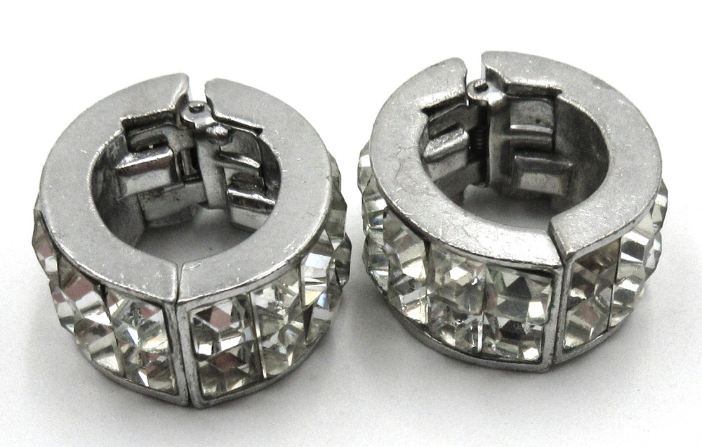 VTG Silver Tone metal HINGED clear rhinestone cuff HUGGIE clip on pair Earrings