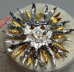 Vintage Gold & Silver Tone Sun Face Brooch Stamped JJ