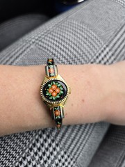 Vintage JAI 17 Jewels Peek A Boo Watch Elegant Floral Black Gold Swiss Made