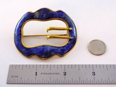 Vintage Unsigned Goldtone Metal and Blue Enamel Belt Buckle Brooch Pin 2.5 Inch
