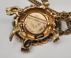 Kenneth Jay Lane KJL Tortoise Turtle Brooch Watch Cabochons & Crystals 26”L