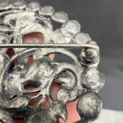 Vintage Pot Metal Rhinestone Brooch Silver Tone Blue