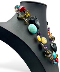 Vintage BOHO STATEMENT Necklace Multi Gemstones MOP Turquoise Etc 41” Fabulous!
