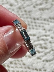 VINTAGE Blue Baguette & Quartz Round Half Eternity Band Silver SIGNED -SIZE 6.75