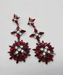 Red Crystal Chandelier Earrings Flower Black Metal Pierced Couture Art Deco 4 in