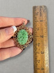 Faux Jade Pendant Carved Green Glass Cabochon Gold Tone Filigree MCM Vintage
